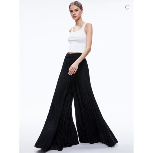 Alice + Olivia Wide Leg Pleated Pants Black Dressy Silk Waist Night Out 6